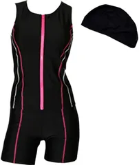 ＺＡＩＤＥＡ 上下 フィットネス 水着 レディース セパレート スイムキャップ付き 3点セット ノースリーブ めくれ防止 体型カバー (ブラック/ピンク,  L)