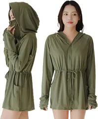 ＺＡＩＤＥＡ UVカットパーカー ラッシュガード レディース 丈長め 顔まで ジップ つば付き 日焼け防止 速乾 通気性 ロング 長袖 体型カバー 水着 フード (グリーン,  M)