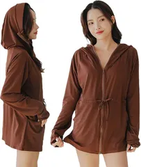 ＺＡＩＤＥＡ UVカットパーカー ラッシュガード レディース 丈長め 顔まで ジップ つば付き 日焼け防止 速乾 通気性 ロング 長袖 体型カバー 水着 フード (ブラウン,  L)