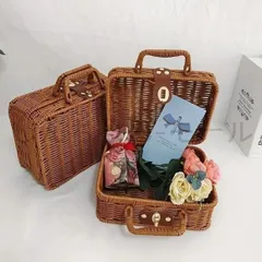 キ ファームハウスギフトバスケット ラスティックピクニック収納ボックス フェイクレザーハンドル付き 新品ヴィンテージスタイルの籐バスケ