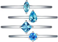 JIANGXIN 4点セットリング 調節可能リングセット シルバー925 一粒 誕生石 指輪 婚約 結婚式 誕生日 記念日 ギフトアジャスタブルリング (合成トパーズ（スイスブルートパーズ）)