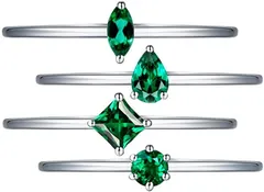 JIANGXIN 4点セットリング 調節可能リングセット シルバー925 一粒 誕生石 指輪 婚約 結婚式 誕生日 記念日 ギフトアジャスタブルリング (合成エメラルド)