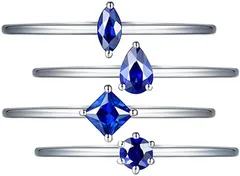 JIANGXIN 4点セットリング 調節可能リングセット シルバー925 一粒 誕生石 指輪 婚約 結婚式 誕生日 記念日 ギフトアジャスタブルリング (合成サファイア)