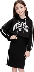 お洒落なファッションと雑貨fuwashop ガールズ セットアップ ショート丈 パーカー ワンピース 韓国風ファッション 長袖 普段着 カジュアル (ブラック,  160)