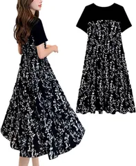 グリーンパキラ ワンピース レディース 半袖 花柄 フラワー柄 カジュアル tシャツ切り替え Aライン シフォン リゾート 膝下 低身長 フレア リボン 丸首 可愛い (ブラック,  3XL)