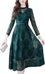 グリーンパキラ 結婚式 ワンピース ドレス レディース 長袖 フォーマルワンピース お呼ばれ レース オケージョン お宮参り パーティードレス 膝下丈 ロング 丸首 (グリーン,  M)