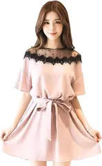 お洒落なファッションと雑貨fuwashop ベアトップ レディース ミニ丈 ワンピース 半袖 オフショルダー 透け レース 足魅せ リボン ミニドレス 着痩せ (ピンク,  L)