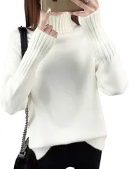 グリーンパキラ セーター レディース 秋冬 タートルネック リブニット トップス 長袖 プルオーバー オフィスカジュアル あったか フリーサイズ 無地 シンプル 冬服 秋服 着回し (ホワイト,  Free Size)