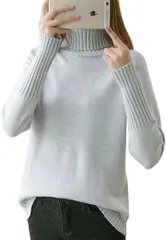 グリーンパキラ セーター レディース 秋冬 タートルネック リブニット トップス 長袖 プルオーバー オフィスカジュアル あったか フリーサイズ 無地 シンプル 冬服 秋服 着回し (グレー,  Free Size)