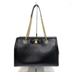 【美品】　Salvatore Ferragamo　サルヴァトーレフェラガモ　トートバッグ　チェーン ショルダーバッグ　ヴァラ・リボン　レザー　ブラック　（55336）