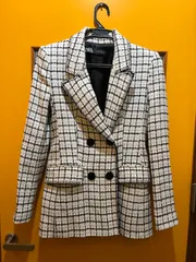 【H1-91】◇ ZARA　Mサイズ　ジャケット　白/黒　チェック柄　レディース