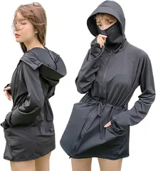 ＺＡＩＤＥＡ UVカットパーカー ラッシュガード レディース 丈長め 顔まで ジップ つば付き 日焼け防止 速乾 通気性 ロング 長袖 体型カバー 水着 フード (ブラック,  M)