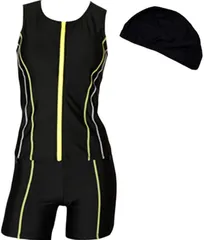 ＺＡＩＤＥＡ 上下 フィットネス 水着 レディース セパレート スイムキャップ付き 3点セット ノースリーブ めくれ防止 体型カバー (ブラック/イエロー,  M)