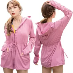 ＺＡＩＤＥＡ UVカットパーカー ラッシュガード レディース 丈長め 顔まで ジップ つば付き 日焼け防止 速乾 通気性 ロング 長袖 体型カバー 水着 フード (チェリーピンク,  LL)