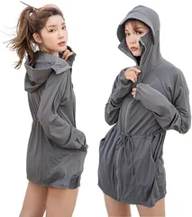 ZAIDEA UVカットパーカー ラッシュガード レディース 丈長め 顔まで ジップ つば付き 日焼け防止 速乾 通気性 ロング 長袖 体型カバー 水着 フード (グレー, M)