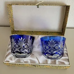 未使用  伝統工芸  コバルトブルー切子ガラスコップ2個セット