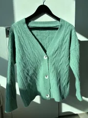 ミント色 ケーブル編み ニット カーディガン
