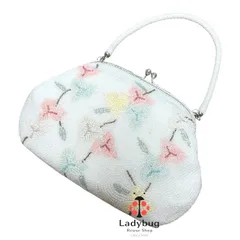 昭和レトロ 和装バッグ がま口ハンドバッグ ビーズハンドバッグ 白 パーティー 結婚式 着物用 ヴィンテージ雑貨