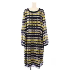 レリアン Leilian フレアワンピース ひざ丈 長袖 クルーネック シアー シースルー チェック柄 17 紺 ネイビー グレー 黄色 イエロー /BB