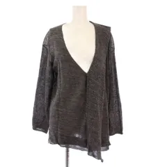 プランテーション plantation ニットカーディガン 長袖 Vネック アシンメトリー フリル 薄手 麻 リネン M グレー /BB