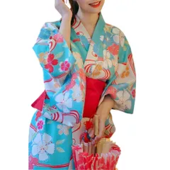 【新品・未使用】浴衣 レディース 着物 兵児帯付き セット 花柄 水色ブルー系 ポリエステル素材 軽量 涼しい フリーサイズ 夏祭り 花火大会 シンプルかわいい