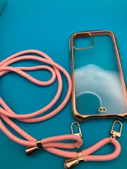 iPhone12 / 12Pro ケース 6.1インチ対応 ショルダーストラップ付き クリア ゴールド枠 ピンク