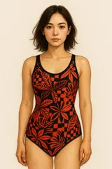 H456アリーナ♪赤系ボタニカル抽象柄の女子競泳水着♪フィットネスやトレーニングや撮影用にも♪サイズL