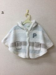 ジェラートピケ キッズ、ふわもこポンチョ 白&ベージュ&グレーボーダー