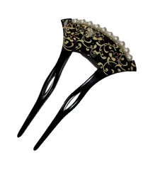 かんざし　バチ型簪　パール付き　黒　小花柄　二本足　フォーマル　留袖　結婚式