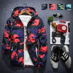 メンズ マウンテンパーカー ウィンドブレーカー ジャケット フード付き ジップパーカー 迷彩 ナイロン 撥水加工 秋