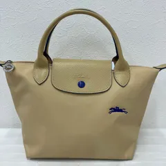 7205　LONGCHAMP　ロンシャン　ハンドバッグ　 ルプリアージュ　ベージュ　ブルー　 ナイロン　レザー　馬　ホース　刺繍　 レディース