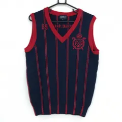 【超美品】パーリーゲイツ ニットベスト ネイビー×レッド ストライプ ウール100％ Vネック メンズ 5(L) ゴルフウェア PEARLY GATES