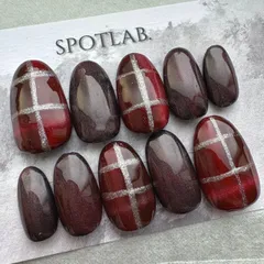 現品ネイルチップ　レギュラーオーバル　マグネット　チェック　ボルドー