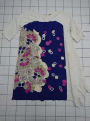 ◇ ⊂ 【ユル yul】花柄切替デザインワンピース 半袖 リネン混 ホワイト系ブルー系 M相当 レディース E  【1508260039512】