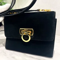 Salvatore Ferragamo　フェラガモ　ガンチーニ　ミニ　ショルダーバッグ　スエード　ブラック　ゴールド　パーティ