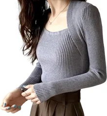 Electric Circus 長袖 トップス リブ カットソー チュニック 長袖レディース ニット セーター 秋冬 (グレー, Free Size)
