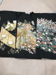 正絹　黒留袖　リメイク用　着物　3枚セット 菊　刺繍　金駒　鳥　草花　友禅