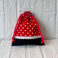 ハンドメイド C175 レース飾り付き ドット 23×19 裏地あり 給食袋 コップ袋 巾着袋 入学 入園