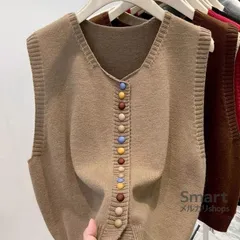 ニットベスト レディース グレー 丸首 レインボーボタン付き ショート丈 高級感 トレンド 春 新作 カジュアル M251208-4