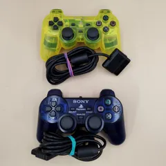 【D10435】PS2コントローラー まとめて2個セット クリアイエロー/ミッドナイトブルー DUALSHOCK2