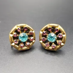 50'60's ブルー/パープル ラインストーン ラウンド ヴィンテージ フラワー イヤリング ゴールドトーン レトロ クラシック エレガント Y5-F