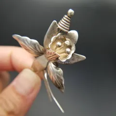AS メキシコ 925 シルバー 蘭の花 ヴィンテージ フラワー ブローチ 銀細工 TAXCO タスコ フローラル 自然派 3D アート Y22-A