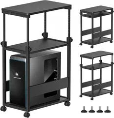 DAIWIN パソコンワゴン PCワゴン 昇降式 幅35×奥行60×高さ67~95cm パソコンラック cpuワゴン 天板高さ調節可能 キャスター付き pc 棚 デスクワゴン パソコン収納 木製デスクサイド収納棚 オフィス収納 移動便利 在宅勤務 (ブラック)