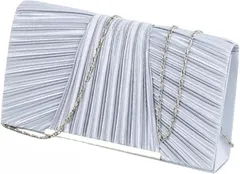 Ken R パーティバッグ 結婚式 クラッチバッグ フォーマル プリーツサテン パーティバック 2way ハンド レディース (シルバー)