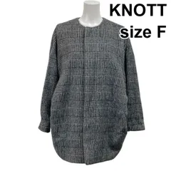 ◆ ノット KNOTT シャギーノーカラーコート 長袖 コクーンシルエット グレンチェック グレー ウール アルパカ混 サイズF レディース S5Y179
