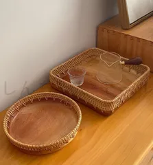 籐トレイデスクトップ収納トレイ ダイニングテーブル収納 ティーカップとウォーターカップ ティートレイ リビングルーム 方形 丸ケーキ ス