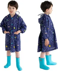 キャプテンＫ レインコート キッズ 雨具 レインウェア カッパ ランドセル対応 男の子 女の子 子供 ベビー 通園 通学 撥水 軽量 収納バッグ付き ポンチョ (ネイビー・コスモ,  110)