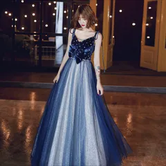 Ｖネックデザインロング丈ブルードレス/結婚式/二次会/パーティ