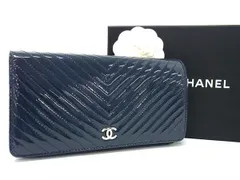 ■新品同様■ CHANEL シャネル ココマーク Vステッチ パテントレザー 二つ折り 長財布 ウォレット ダークネイビー系 AW0837