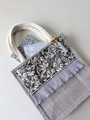 ジュートバッグ S-Basic「Claudia」グレー　インド刺繍　かごバッグ